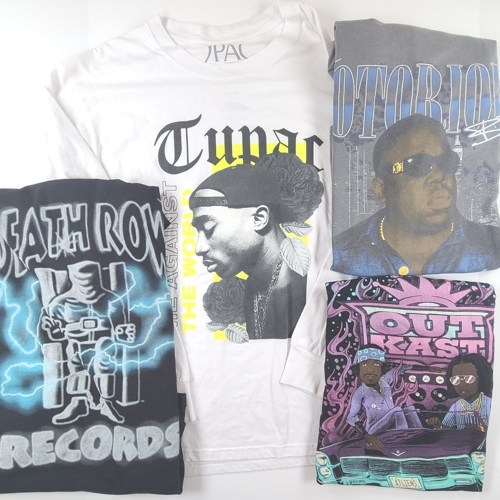Lot of 4 Mens T Shirt Large Multicolor Tupac Death Row Biggie OutKast Hip Hop